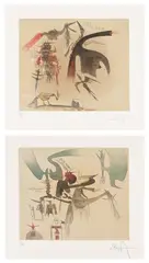 Wifredo Lam, Lames de Lam (Lam's Blades): plates I and VI (T.-R. 7901 & 7906, L. 366 & 371), 1977-79, Two etching and aquatints in colors, on Arches paper, with full margins