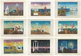 Roberto Matta, L'Arc Obscure des heures (The Dark Arc of Hours) (F. 105-112 & 114), 1975, The set of nine etching and aquatints in colors, on Japan Gekko Hodomura paper, with full margins, with title page and colophon, text in French by Héraclite, all loose (as issued), all contained in the original blue linen-covered clamshell portfolio