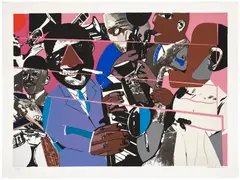 Jazz II (G. 100) by Romare Bearden, 1980, Screenprint in colors, on wove paper, with full margins, sold Oct 2025