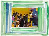 Romare Bearden, Out Chorus (G. 97), 1979-80, Screenprint in colors and etching in black with extensive hand-coloring in watercolor, on Arches paper, the full sheet