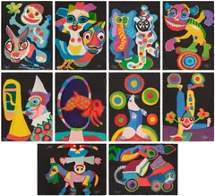 Karel Appel, Circus (Volume I), 1978, The complete set of 10 woodcuts in colors with carborundum, on Arches paper, the full sheets, all contained in the original folders with cut outs, with title page, text in French and English and justification, all loose, the text sheets folded (as issued), all contained in the original red canvas-lined slipcase with artist's name and title printed in silver and green fabric lining