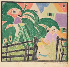 Juliette Nichols, [Woman and Child at Garden Fence], circa 1915, Unique white-line woodcut in colors, on laid paper, with margins