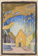 Juliette Nichols, [Houses and Trees], circa 1915, Unique white-line woodcut in colors with hand-coloring and graphite, on wove paper, with margins