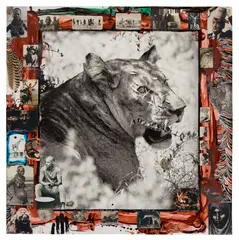 Peter Beard, Wounded Lion @ Lariak Estate / Rumuruti Kenya, 1960, Unique work, comprising a gelatin silver print with applied blood, paint, ink, glitter, affixed feather and photographs, executed later