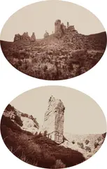Carleton Watkins, Sentinel Rock, Echo Canyon, Utah; Witches Rock, Near Echo, Utah, 1870s, Two oval albumen prints, each mounted