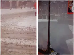 Saul Leiter, Snowy Scene; 1/2 of Red Umbrella, 1957-1958, Two dye destruction prints, printed later