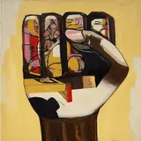 Forrest Kirk, Fist 1, 2020, acrylic, collage and Gorilla glue on canvas