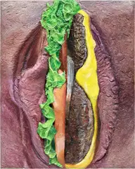 Vagina Burger by Gina Beavers, 2020, acrylic and foam on linen on panel, sold Mar 2024