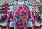 Orion Martin, Nervous System in Traditional Swedish Bedroom, 2021, oil and crayon on canvas, in 2 parts