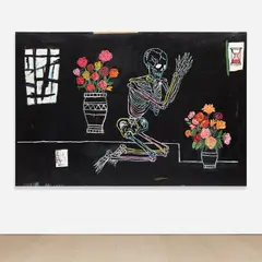 Wes Lang, The Ritual, 2015, acrylic, oilstick, colored pencil, and paper collage on canvas