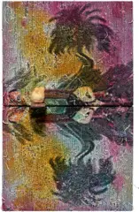 Noel W. Anderson, Dis' Uh So She A Shun, 2021, taxidermy chick, magenta mirror, bleach and dye on distressed and stretched cotton tapestry, in two parts