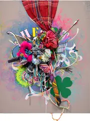 Shinique Smith, Inner Clock, 2014, acrylic, ink, fabric, paper collage and found objects on wood panel
