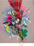 Shinique Smith, Inner Clock, 2014, acrylic, ink, fabric, paper collage and found objects on wood panel