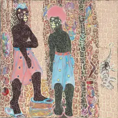 Kassou Seydou, Kakatou loumou yagueyague tji bur gueye dou sopolekou nek diassite (le caméléon aura beau séjourner dans l’eau il ne se transformera jamais en caïman), 2020, acrylic on canvas