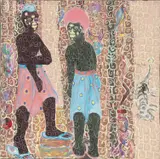 Kassou Seydou, Kakatou loumou yagueyague tji bur gueye dou sopolekou nek diassite (le caméléon aura beau séjourner dans l’eau il ne se transformera jamais en caïman), 2020, acrylic on canvas