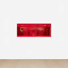 Hank Willis Thomas, A Martyr to End Man's Inhumanity (red and gold reflection), 2018, screenprint on retroflective vinyl, mounted on Dibond