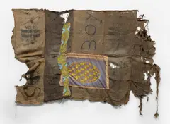 Ibrahim Mahama, SOS BOY A, 2016, coal sacks with markings and cloth