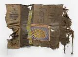 Ibrahim Mahama, SOS BOY A, 2016, coal sacks with markings and cloth