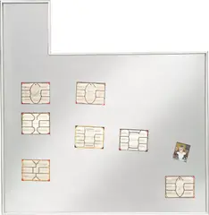 SoiL Thornton, Flagged Identity, 2020, C-prints of my active and inactive bank card chips and found photo inside mirror finished aluminum and polished and brushed aluminum frame