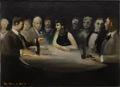 Conversation - Paris Cafe (Yvonne Pène du Bois) by Guy Pène du Bois, 1955, oil on board, sold May 2024
