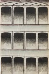 Martín Ramírez, Untitled (Arches), 1960–1963, gouache, colored pencil and graphite on pieced paper