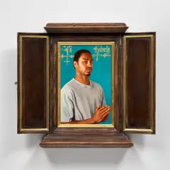 Kehinde Wiley, After Memling's Portrait of Jacob Obrecht, 2013, oil on panel, in artist's designed hand fabricated frame with 22K gold leaf gilding