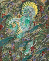 Tammy Nguyen, Northeast Storm and the Young King, 2022, watercolor, vinyl paint, pastel and metal leaf on paper over panel