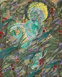 Tammy Nguyen, Northeast Storm and the Young King, 2022, watercolor, vinyl paint, pastel and metal leaf on paper over panel