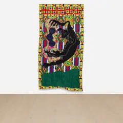 Basil Kincaid, Formulation of Worlds, Selves and Bodies, 2020–2022, quilt hand-woven Ghanian kente, wax block print cotton fabric, donated clothes, clothes from the artist, Ghanian embroidered fabrics, embroidery and wool