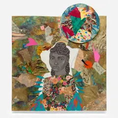 Blue feather and orb by Jamea Richmond-Edwards, 2019, ink, graphite, glitter and mixed media collage on 2 attached canvases, sold May 2024