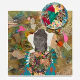 Jamea Richmond-Edwards, Blue feather and orb, 2019, ink, graphite, glitter and mixed media collage on 2 attached canvases