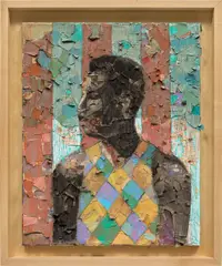 Derek Fordjour, Untitled (No. 92), 2014, acrylic, oil pastel, charcoal and newspaper collage on canvas, in artist's frame
