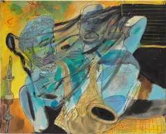 Jonathan Lyndon Chase, Play him a song, 2017, acrylic, chalk, pastel, glitter and marker on muslin