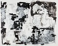 Untitled (Dissonant Bodies) by Christina Quarles, 2010, acrylic, graphite, gesso and grease pencil on paper, sold May 2024