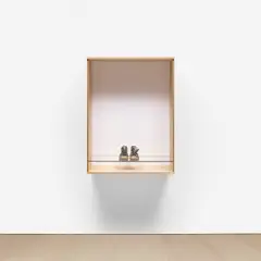 Haim Steinbach, Untitled (black sneakers), 2013, Baltic birch plywood, plastic laminate and glass box and canvas, rubber and metal 'Dirty Black Sneakers' by Douglas Abraham