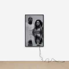 Cory Arcangel, On Compression / Lakes, 2014, 1920x1080 H.264/MPEG-4 Part 10 looped digital file (from lossless Quicktime Animation master), media player, 70" flatscreen, armature and various cables