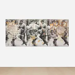 Black Star Press by Kelley Walker, 2005, scanned image and silkscreened chocolate on digital print mounted on canvas, in 3 parts, sold May 2024