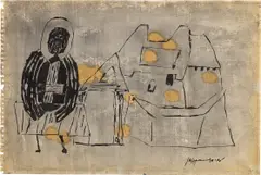 St. Macarius Before His Monastery by Roy Lichtenstein, 1951, watercolor, India ink and wax on paper, sold Sep 2024