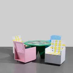 Mary Heilmann, 5 works: (i) Green Tile Table ; (ii) Clubchair 23 ; (iii) Clubchair 24 ; (iv) Clubchair 26 ; (v) Clubchair 29, 2004–2005, table: painted wood, ceramic and metal wheels chairs: painted wood, polypropylene webbing and metal wheels