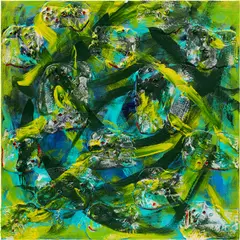 Ryan Cosbert, Nostalgia, 2022, acrylic, cowrie shells and sand on canvas
