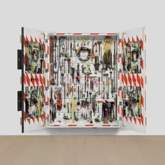 Tom Sachs, The Cabinet, 2014, mirrors, hand tools, Con Ed wooden street barriers and mixed media