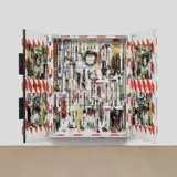 Tom Sachs, The Cabinet, 2014, mirrors, hand tools, Con Ed wooden street barriers and mixed media