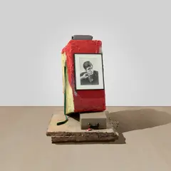 Rachel Harrison, Portrait of the Artist as a Young Man, 2011, polystyrene, cement, acrylic, typewriter, dog leash and photo