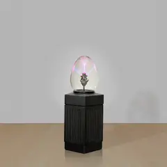Max Hooper Schneider, Plasm(o)void 6, 2018, Borosilicate oviform, uranium glass sculpture, repurposed waste bin, automotive paint, noble gases, aluminum, rubber and custom electronics