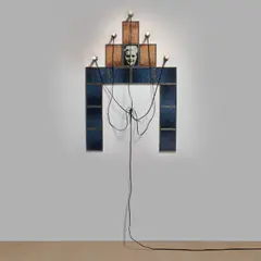 Christian Boltanski, Monument, 1986, 14 photographs, in artist's frames, light bulbs and electrical wires