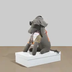 UNTITLED (THE GREEN DONKEY WITH HAT AND BOX & APRONS) by Cosima von Bonin, 2006, wool, cotton-fleece, cotton, silk, plastic, wood and lacquer, sold Sep 2024