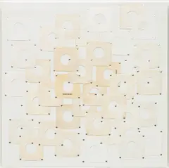 Tom Burr, white out one (reprise/reprise), 2009, paint, 45 record sleeves and pushpins on plywood board, with Plexiglas cover