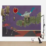 Simphiwe Ndzube, Tangled, Untangle, 2017, ribbon, tape, shoelaces, rubber gloves, rubber boot, yarn and acrylic on canvas