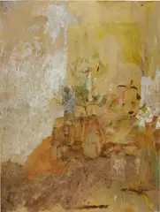 Willa Wasserman, Still life, daffodil, lilac, sharps, painting, 2021, oil on brass