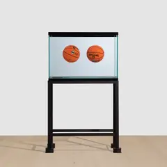 Jeff Koons, Two Ball Total Equilibrium Tank (Spalding Dr. J Silver Series), 1985, glass, steel, sodium chloride reagent, distilled water and two basketballs